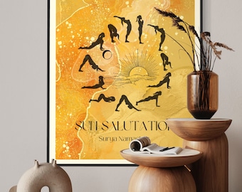 Sun Salutation Matte Poster Art Piece & Visual Guide Reference, Yoga Asanas Bohemian Modern,  Meditation Studio, Morning Routine Decor