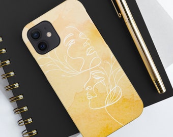 Golden Art Piece Line art Portrait Phone Case Tough Durable Phone Case Watercolor Yellow Design Handmade Art