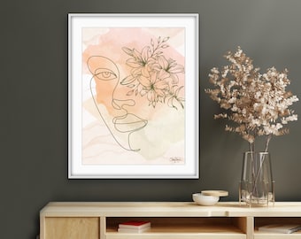 Neutral Beige Rose Watercolor Portrait,  Line Drawing, Wildflower Gallery Wall Art, Printable , Phone background, Modern Bohemian Home Decor