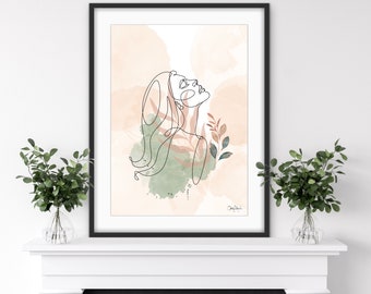 Neutral Tropical Portrait Line Art, Green Watercolor, Phone Background, Printable Art, Modern Bohemian Home Decor,Botanical Fluid Ink
