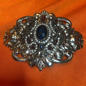 Bridal Hair Clip Wedding Art Deco Style Barrette Bestseller with Crystals and Sapphire Blue Color Center Stone Silver plated Handmade