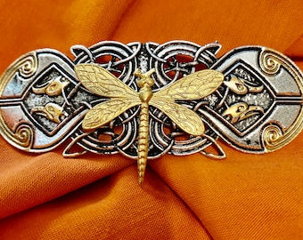 Dragonfly Hair Clip Celtic Silver with Gold Dragonfly Barrette Art Deco Style  by Kenneth Mack Jewelry