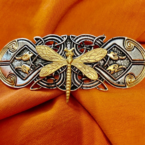 Dragonfly Hair Clip Celtic Silver avec Gold Dragonfly Barrette Art Déco Style par Kenneth Mack Jewelry