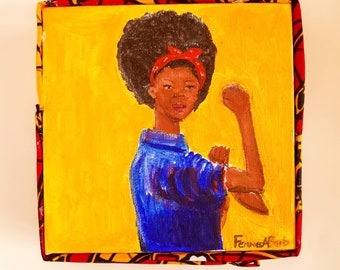 Black woman gouache painting in feminist Rosie the Riveter