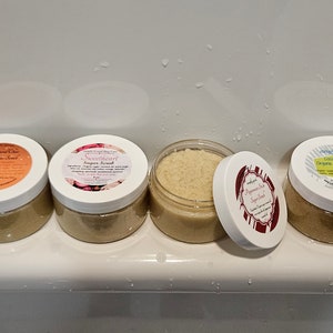 Sugar Scrub- naturally exfoliating and moisturizing with coconut oil, olive oil, sugar and essential oils- 4 oz