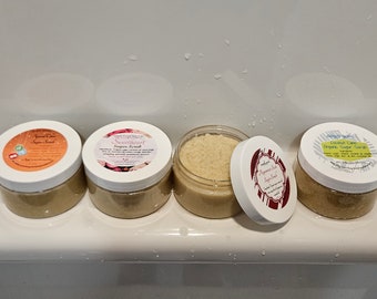 Sugar Scrub- naturally exfoliating and moisturizing with coconut oil, olive oil, sugar and essential oils- 4 oz