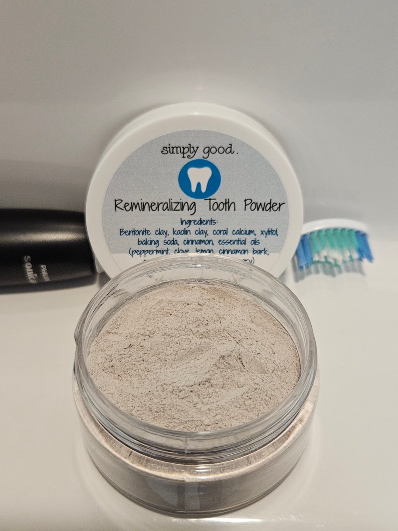 Remineralizing Tooth Powder fluoride free with clay, baking soda, calcium and essential oils 2 oz image 3