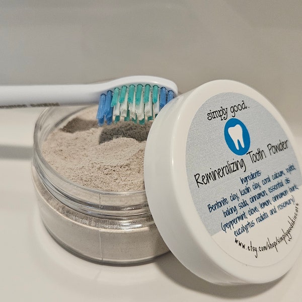 Remineralizing Tooth Powder- fluoride free with clay, baking soda, calcium and essential oils- 2 oz