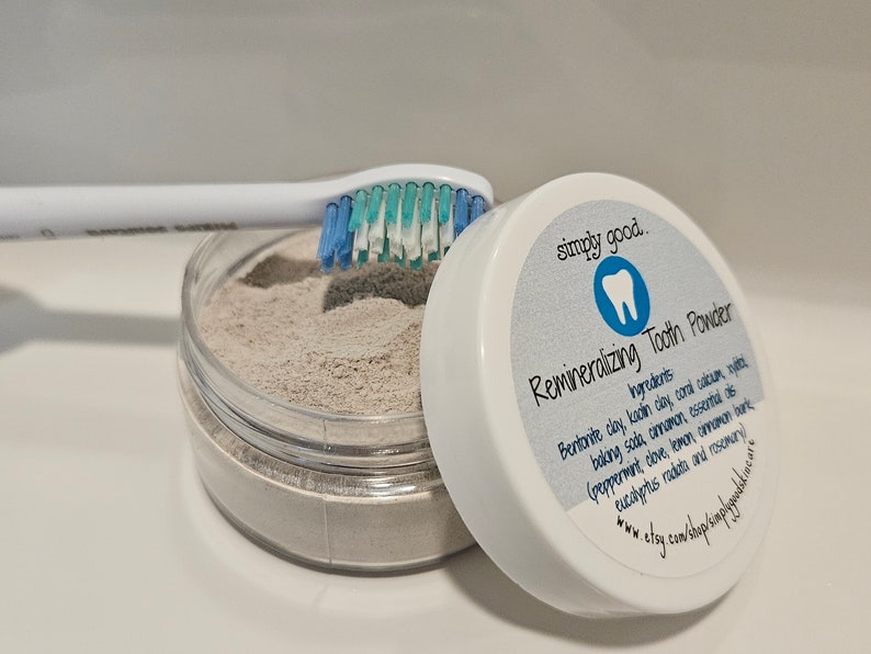 Remineralizing Tooth Powder fluoride free with clay, baking soda, calcium and essential oils 2 oz image 1