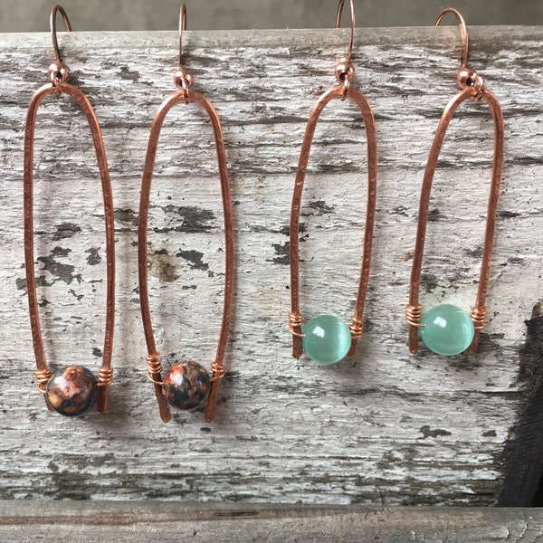 Hammered Copper Earrings, Teardrop Dangle, Handmade Copper Earrings, Green and Copper