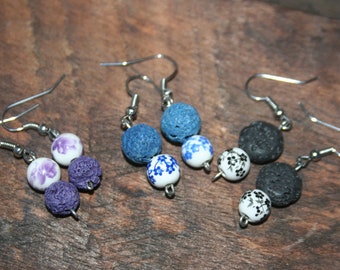 Essential Oil Porcelain Diffuser Earrings, Lava Bead Dangle Earrings, Aromatherapy Earrings, Lava Stone Earrings, Amethyst, Blue Porcelain