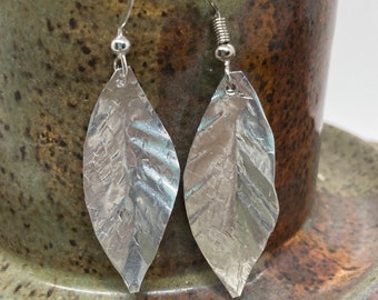 Hammered Aluminum Textured Leaf Earrings, Teardrop Dangle, Textured Earring