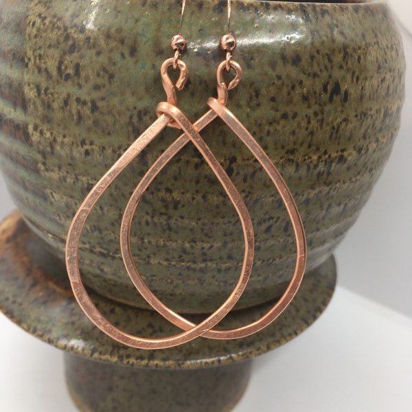 Handmade Hammered Copper Teardrop Earrings: Lightweight Dangle Hoops