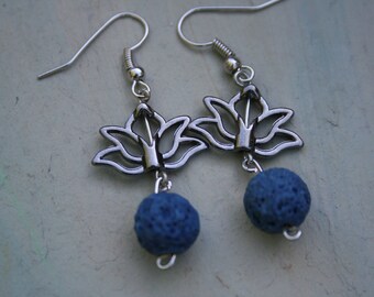 Lotus Flower Diffuser Earrings, Lava Bead Earrings, Essential Oil Earrings, Aromatherapy Earrings, Lava Stone Diffuser Earrings, Silver