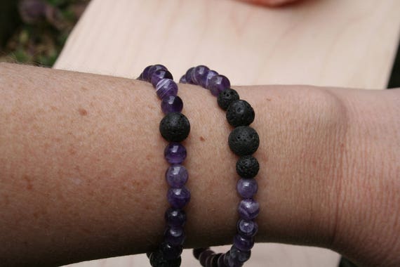 Personalized amethyst and lava bead essential oil diffuser bracelet