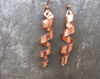 Hammered Copper Earrings, Corkscrew Dangle, Handmade Copper Earrings, Green and Copper