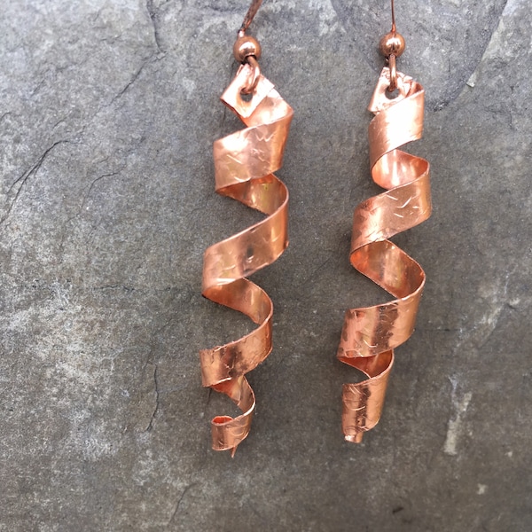 Hammered Copper Earrings, Corkscrew Dangle, Handmade Copper Earrings, Green and Copper