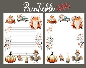 Thanksgiving printable stationery - Journal Paper - Lined and Unlined - Instant Digital Download - 8.5 x 11
