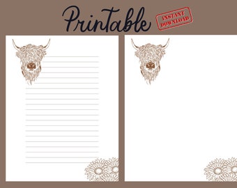 highland cow printable stationery - Journal Paper - Lined and Unlined - Instant Digital Download - 8.5 x 11