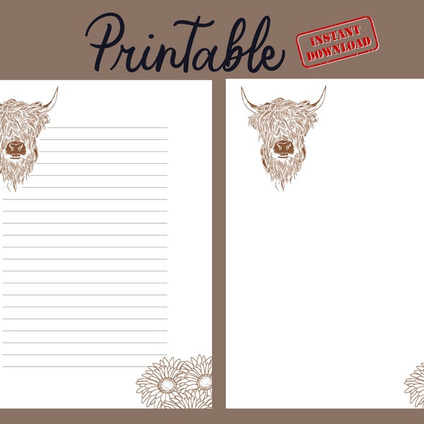 highland cow printable stationery - Journal Paper - Lined and Unlined - Instant Digital Download - 8.5 x 11