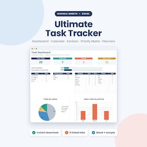 May include: A digital task tracker template for Google Sheets and Excel featuring a Task Dashboard with summary metrics, status tables, a pie chart for tasks by status, and a bar graph for open tasks by priority, including eight linked tabs.