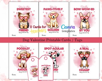 Afdrukbare Valentijnsdagkaarten voor honden, Valentijnsdagkaarten en tags in de klas, Instant Download, Inclusief eetbare canva-links