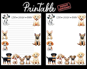 Papelaria com tema de raças de cachorros, papelaria imprimível, papel para diário, com e sem linhas, download instantâneo, 8,5 x 11