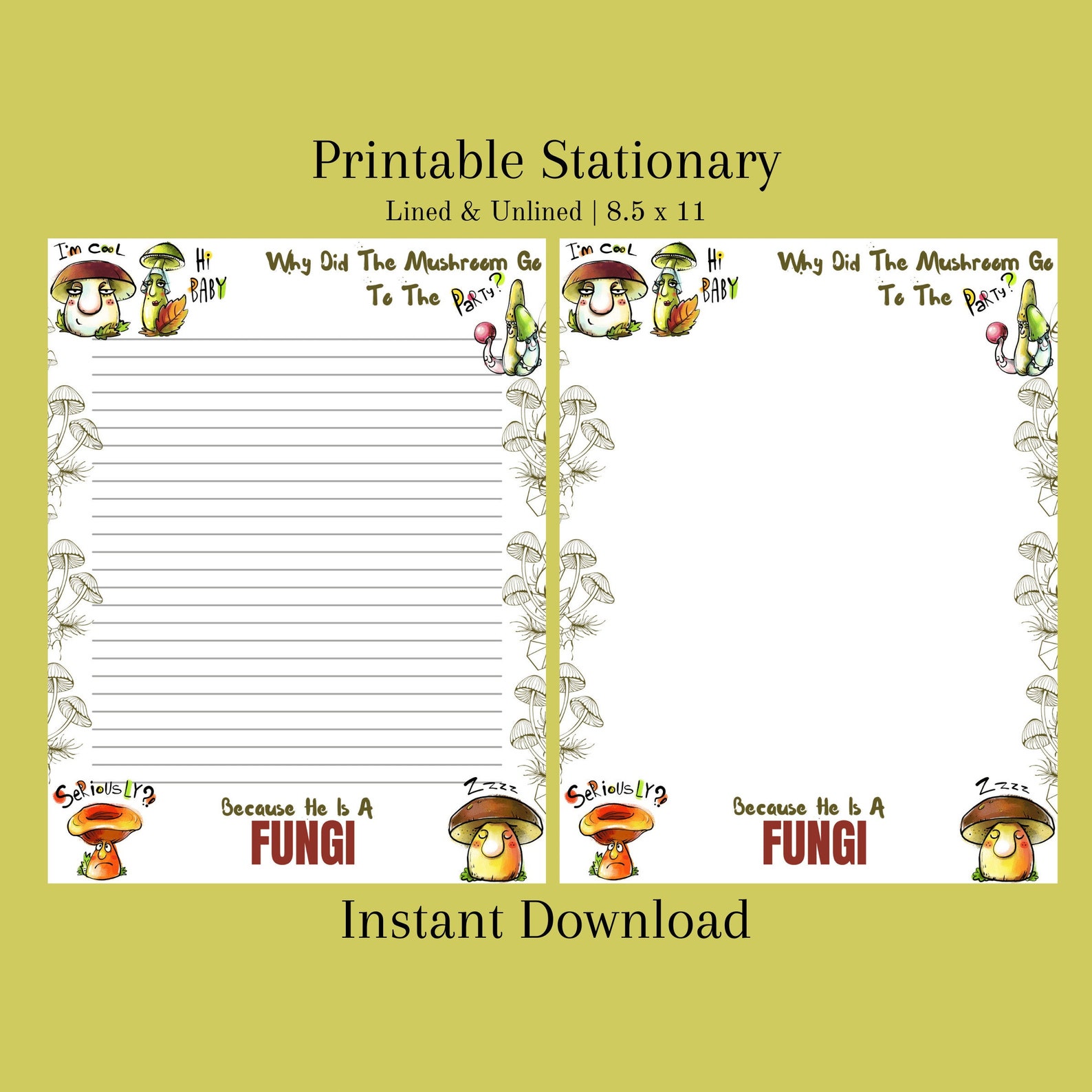Mushroom Printable Stationery Paper - Journal Paper - Lined and Unlined - Instant Digital ...