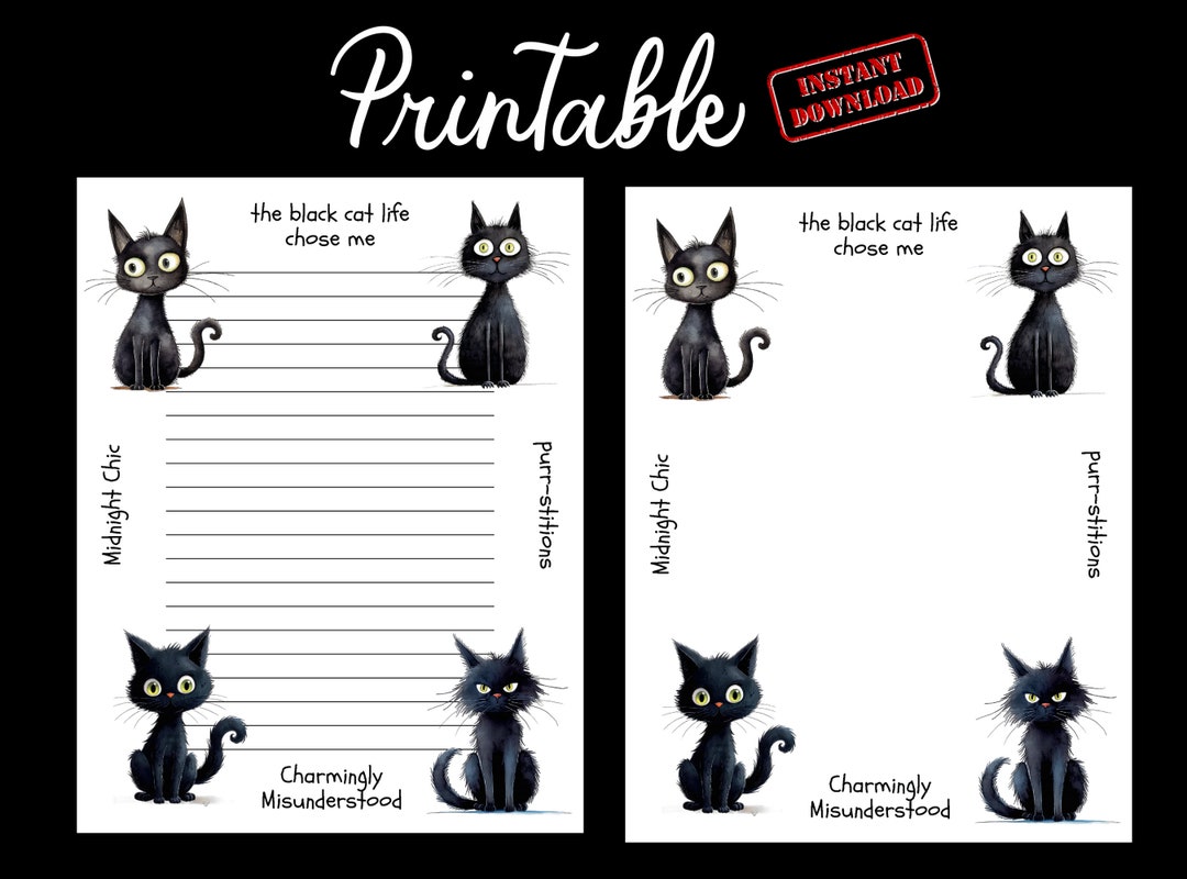 Black Cat Printable Stationery - Journal Paper - Lined and Unlined ...