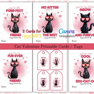 Tarjetas de San Valentín con gatos para imprimir, tarjetas y etiquetas para el día de San Valentín en el aula, descarga instantánea, enlaces comestibles de Canva incluidos