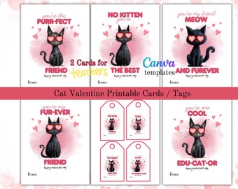 Printable Cat Valentine's Day Cards, Classroom Valentine's Day Cards and Tags, Instant Download, Edible Canva Links Included