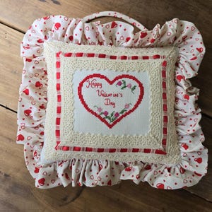 Vintage Valentines Day Cross-Stitch Pillow / Heart & Floral Design / Hanging Decorative Accent / 12&quot; x 12&quot;