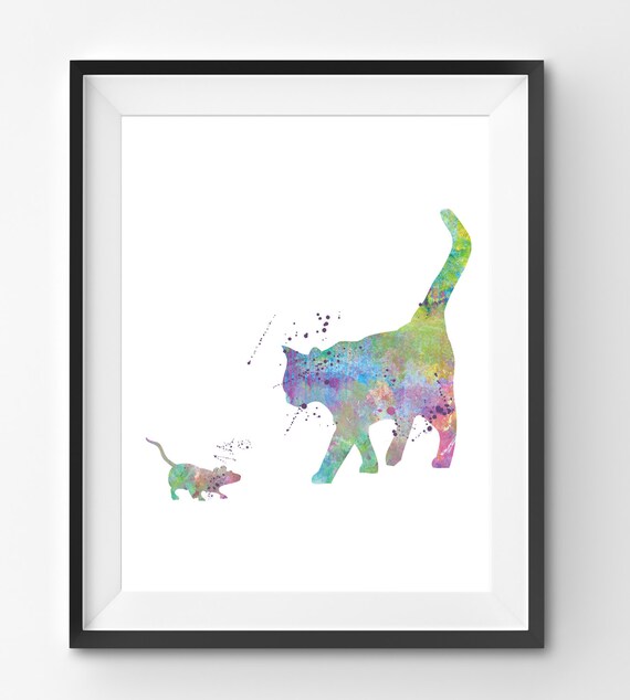 Colorful Cat Mouse Watercolor Print Animal Print Cat Mouse Etsy