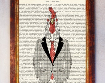 Fashion Rooster with Checkered Jacket and Red Tie Book Art Print, Rooster Wall Art, Rooster Poster, Nursery Print Rooster, Anthropomorphic