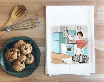 Mom's keukentheedoek uit de jaren 60 | Vintage meelzak handdoek Moederdagcadeau | Nostalgisch keukendecor | Turkoois keuken