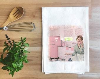 Strofinaccio da cucina retrò rosa bocciolo di rosa, strofinaccio vintage in tela di sacco, decorazione nostalgica per la cucina.