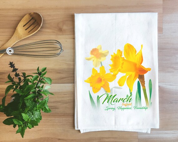 March Daffodil Birth Flower Tea Towel | Made in USA Cotton Kitchen Towel