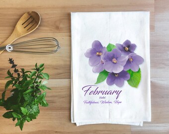 February Violet Birth Flower Tea Towel | Flour Sack Towel | February Kitchen Towel | Violet Gift for Mom | Floral Cotton Towel | Made in USA