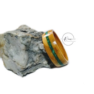 Olivewood and malachite bent wood ring