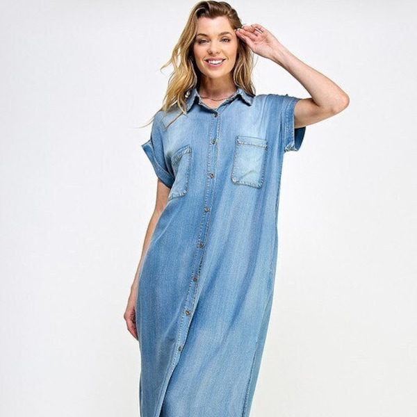 Soft Denim Button Down Maxi Shirtdress with Pockets, Vintage Washed Denim Long dress - Size Small to XLarge