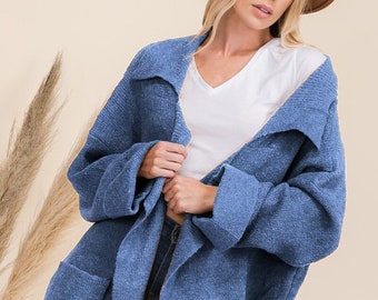 Oversized Women's Long Lapel Jacket with Pockets - Loose Fit Sweater Cardigan - Small to XL