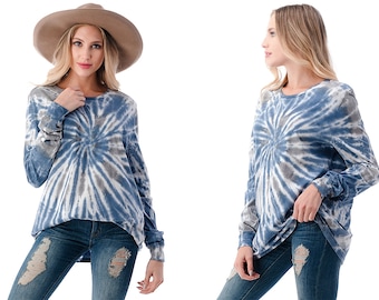 Cotton Tie Dye Long Sleeve Pullover Sweatshirt Tunic Top, Vintage Multi Color Crewneck T-Shirt Top - Made In USA*