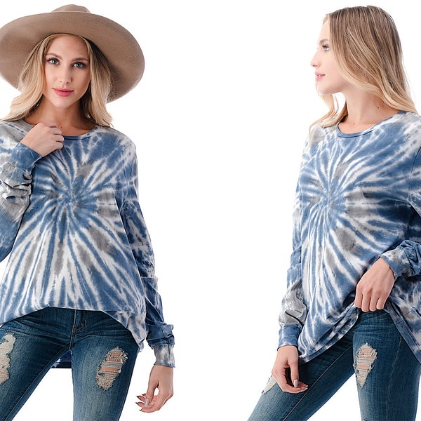 Cotton Tie Dye Long Sleeve Pullover Sweatshirt Tunic Top, Vintage Multi Color Crewneck T-Shirt Top - Made In USA*