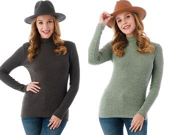 Classic Stretchy Knit Ribbed Top with Mock Neck Long Sleeve Fitted S ~ XL - Made in USA*