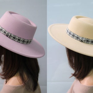 Fedora Hat for Women, Western Felt Fedora Hat with Boho Band - Wide Brim Rancher Hat