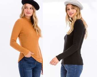 S ~ XL Classic Stretchy Knit Ribbed Top with Mock Neck Long Sleeve Fitted - Made in USA*