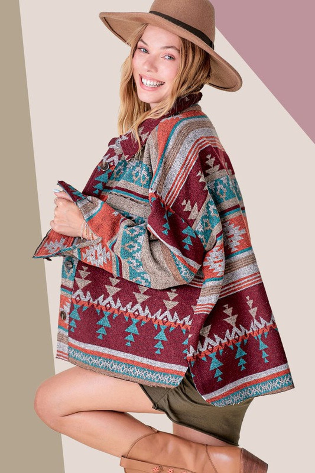 Womens Aztec Print Shacket Vintage Fringed Shirt Jacket Coat Boho Aztec