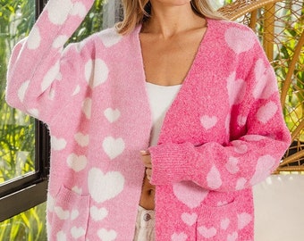 Oversized Heart Print Sweater Cardigan with Pockets