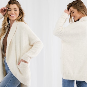 Cozy Dolman Batwin Sleeve Knit Cardigan Sweater Kimono Shawl with Side Pockets - Cream