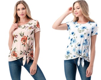 Floral Tops Short Sleeve Crew Neck Tee, Printed T - Shirt Tunic Chic Casual Style Women Tops - Made in USA*